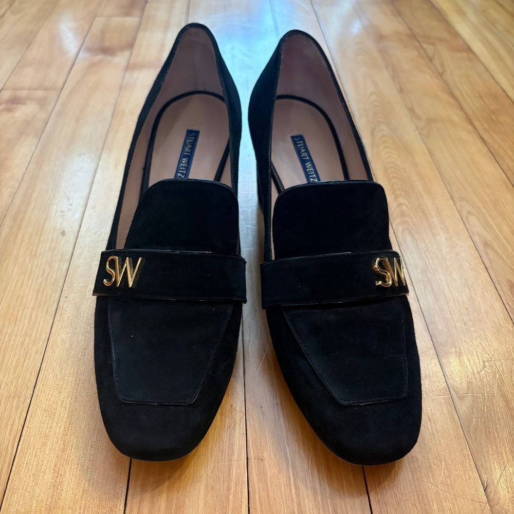 Stuart Weitzman Frances Black Suede SW Logo Loafer Block Heel Pumps Wmn 8M Spain
